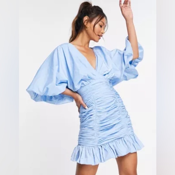 Light Blue Ruched ASOS Design Mini Dress with puff sleeves and ruffle detail - Picture 1 of 5
